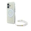 Etui z perłowym paskiem iPhone 16 Plus Guess IML Flowers Allover Electro - kompatybilny z MagSafe - biały