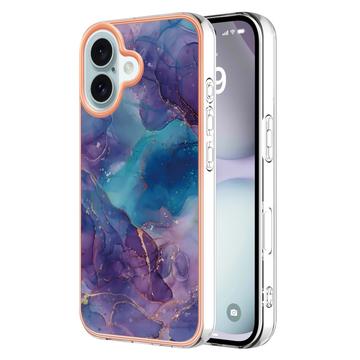 iPhone 16 Plus Galwanizowane Etui IMD z TPU z Deseniem Marmuru - Fioletowe