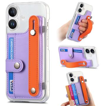 Plastikowe etui CY1 na iPhone\'a 16 Plus - miejsce na kartę, pasek na rękę, podpórka - fioletowe