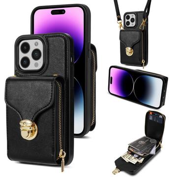 Uniwersalne etui iPhone 16 Pro z portfelem i paskiem - czarne