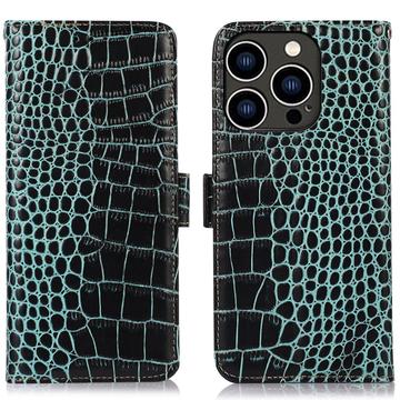 iPhone 16 Pro Skórzane Etui z Portfelem Crocodile z RFID - Zieleń