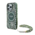 iPhone 16 Pro Guess IML Flowers Allover Electro Etui z perłowym paskiem - kompatybilny z MagSafe - zielony