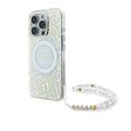 iPhone 16 Pro Guess IML Flowers Allover Electro Etui z perłowym paskiem - kompatybilny z MagSafe - biały
