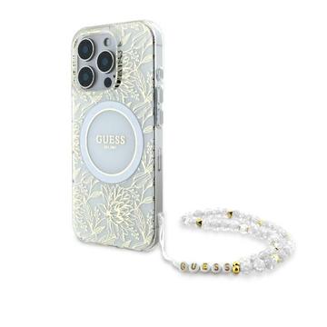 iPhone 16 Pro Guess IML Flowers Allover Electro Etui z perłowym paskiem - kompatybilny z MagSafe - biały