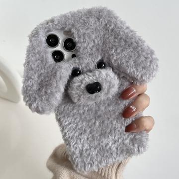 iPhone 16 Pro Max - urocze pluszowe etui w kształcie psa - szary