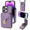 Uniwersalne etui iPhone 16 Pro Max z portfelem i paskiem - fioletowe