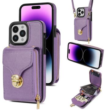 Uniwersalne etui iPhone 16 Pro Max z portfelem i paskiem - fioletowe