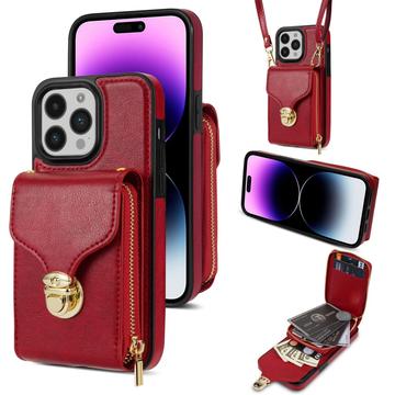 Uniwersalne etui iPhone 16 Pro Max z portfelem i paskiem - czerwone