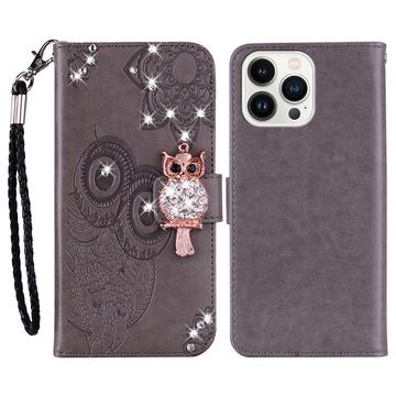 iPhone 16 Pro Max Etui na portfel z motywem sowy i kryształkami - szary