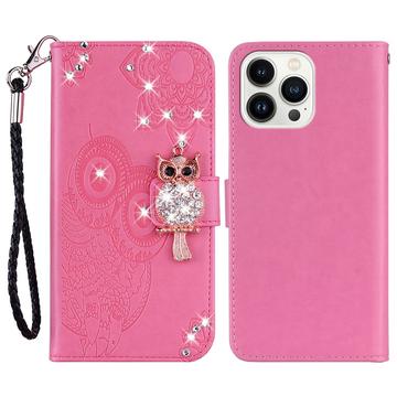 iPhone 16 Pro Max Etui na portfel z motywem sowy i kryształkami - Ciemny Róż