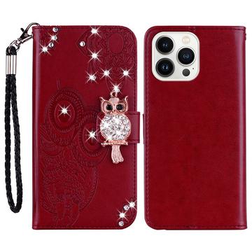 iPhone 16 Pro Max Etui na portfel z motywem sowy i kryształkami - czerwony