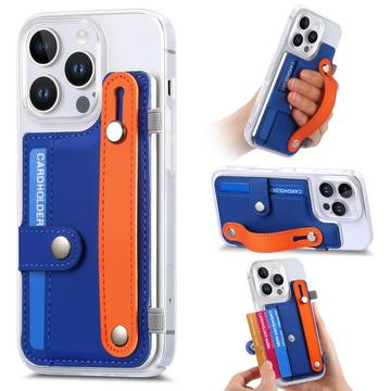 Plastikowe etui CY1 na iPhone 16 Pro Max - miejsce na kartę, pasek na rękę, podpórka - ciemnoniebieskie