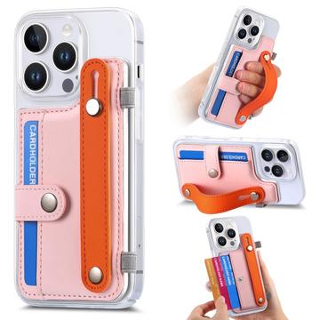 Plastikowe etui CY1 na iPhone 16 Pro Max - miejsce na kartę, pasek na rękę, podpórka - różowe