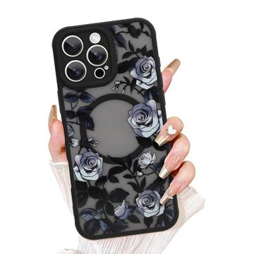 iPhone 16 Pro Max Etui hybrydowe z wzorem kwiatów róży w stylu vintage - kompatybilny z MagSafe - czarny