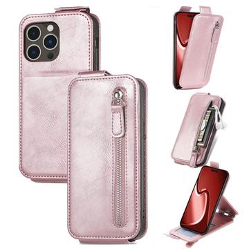 Pionowe Etui z Klapką iPhone 16 Pro Max Kieszeń na Suwak - Różowe Złoto