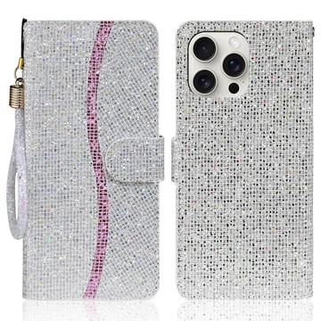 iPhone 16 Pro Stylowe, brokatowe etui z portfelem - srebrne