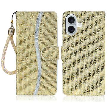 iPhone 16 Stylowe, brokatowe etui z portfelem - złote