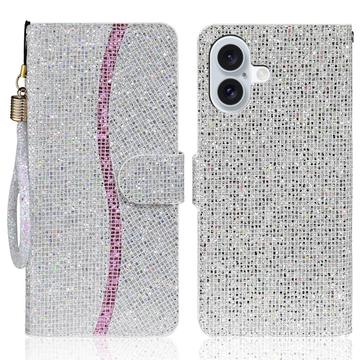 iPhone 16 Stylowe, brokatowe etui z portfelem - srebrne