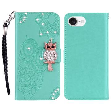 iPhone 16e Etui portfelowe z kryształkami górskimi Sowa - Niebieskozielony