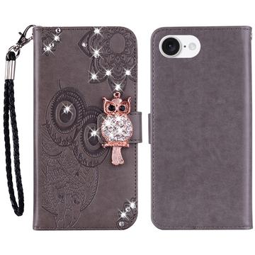 iPhone 16e Etui portfelowe z kryształkami górskimi Sowa - szary