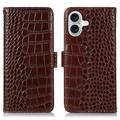 iPhone 17 Skórzane Etui z Portfelem Crocodile z RFID - Brąz
