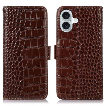 iPhone 17 Skórzane Etui z Portfelem Crocodile z RFID - Brąz