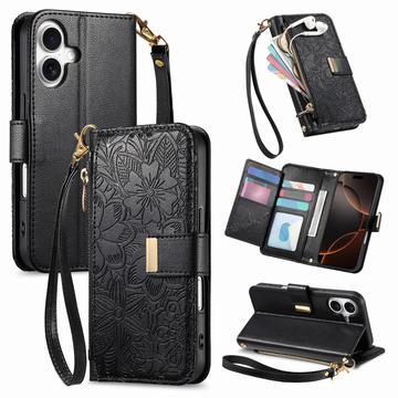 iPhone 17 Etui-portfel z motywem kwiatów i liści, z kieszenią na zamek i paskiem na nadgarstek