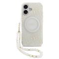 iPhone 17 Guess IML Flowers Allover Electro Etui z perłowym paskiem - kompatybilny z MagSafe - biały