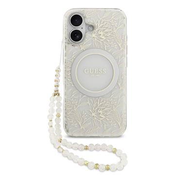iPhone 17 Guess IML Flowers Allover Electro Etui z perłowym paskiem - kompatybilny z MagSafe - biały