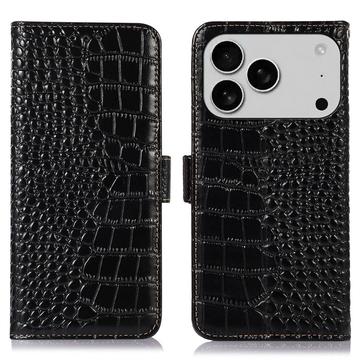 iPhone 17 Pro Skórzane Etui z Portfelem Crocodile z RFID - Czarne