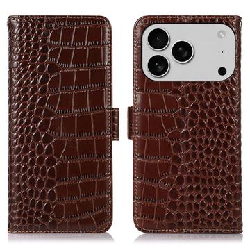 iPhone 17 Pro Skórzane Etui z Portfelem Crocodile z RFID - Brąz