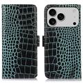 iPhone 17 Pro Skórzane Etui z Portfelem Crocodile z RFID - Zieleń