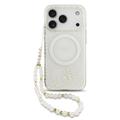 iPhone 17 Pro Guess IML Flowers Allover Electro Etui z perłowym paskiem - kompatybilny z MagSafe - biały
