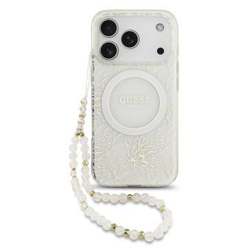 iPhone 17 Pro Guess IML Flowers Allover Electro Etui z perłowym paskiem - kompatybilny z MagSafe - biały