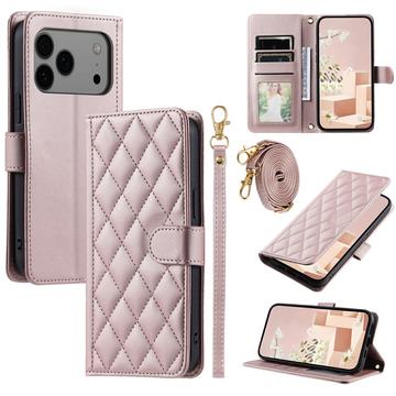 Luksusowe pikowane etui-portfel do iPhone 17 Pro - różowe złoto