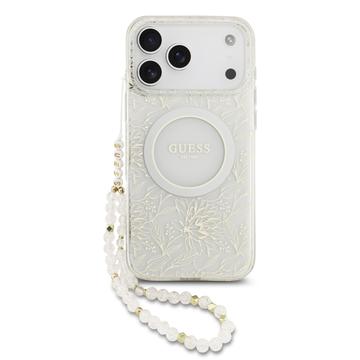 iPhone 17 Pro Max Guess IML Flowers Allover Electro Etui z perłowym paskiem - kompatybilny z MagSafe - biały