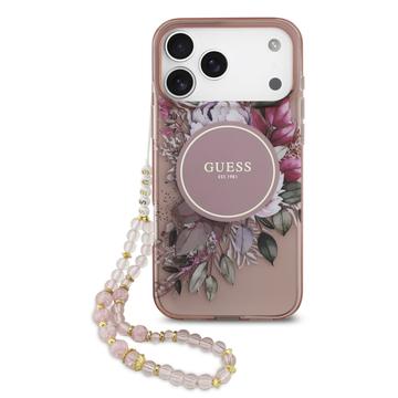 Etui z perłowym paskiem iPhone 17 Pro Max Guess IML Flowers - różowy