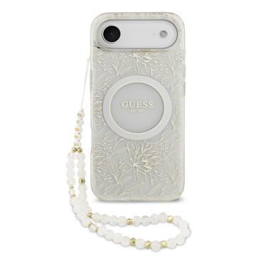 iPhone Air Guess IML Flowers Allover Electro Etui z perłowym paskiem - kompatybilny z MagSafe - biały