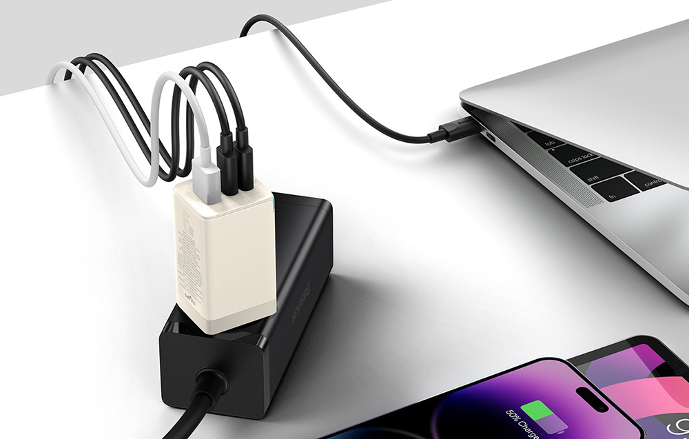 Ładowarka sieciowa Baseus GaN5 Ultra 65W - Kabel USB-C, 2x USB-C, USB-A - Biały